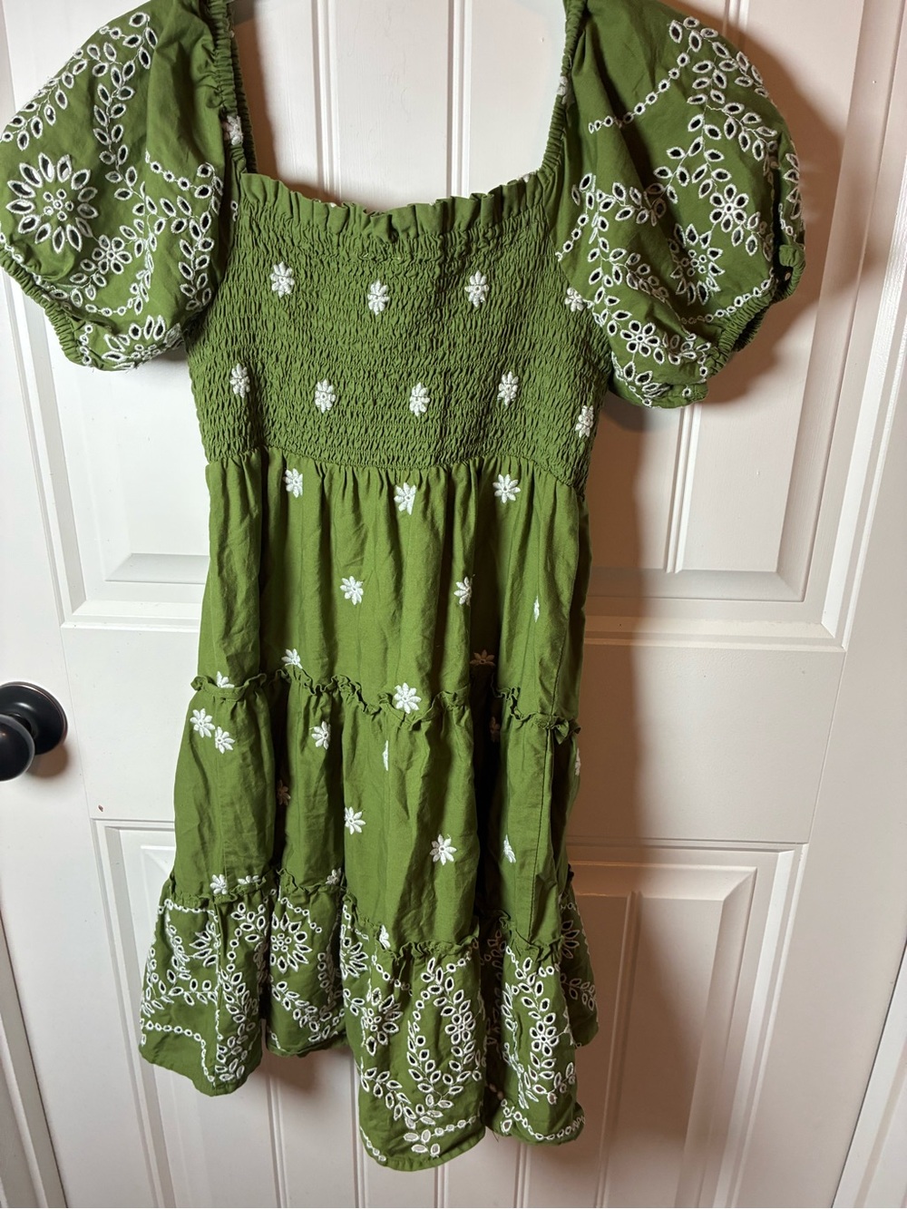 crown & ivy kids Olive Green Floral Embroidered Puff Sleeve Dress